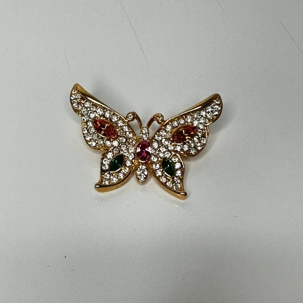 Butterfly‎ Brooch with colorful crystal and gold tone